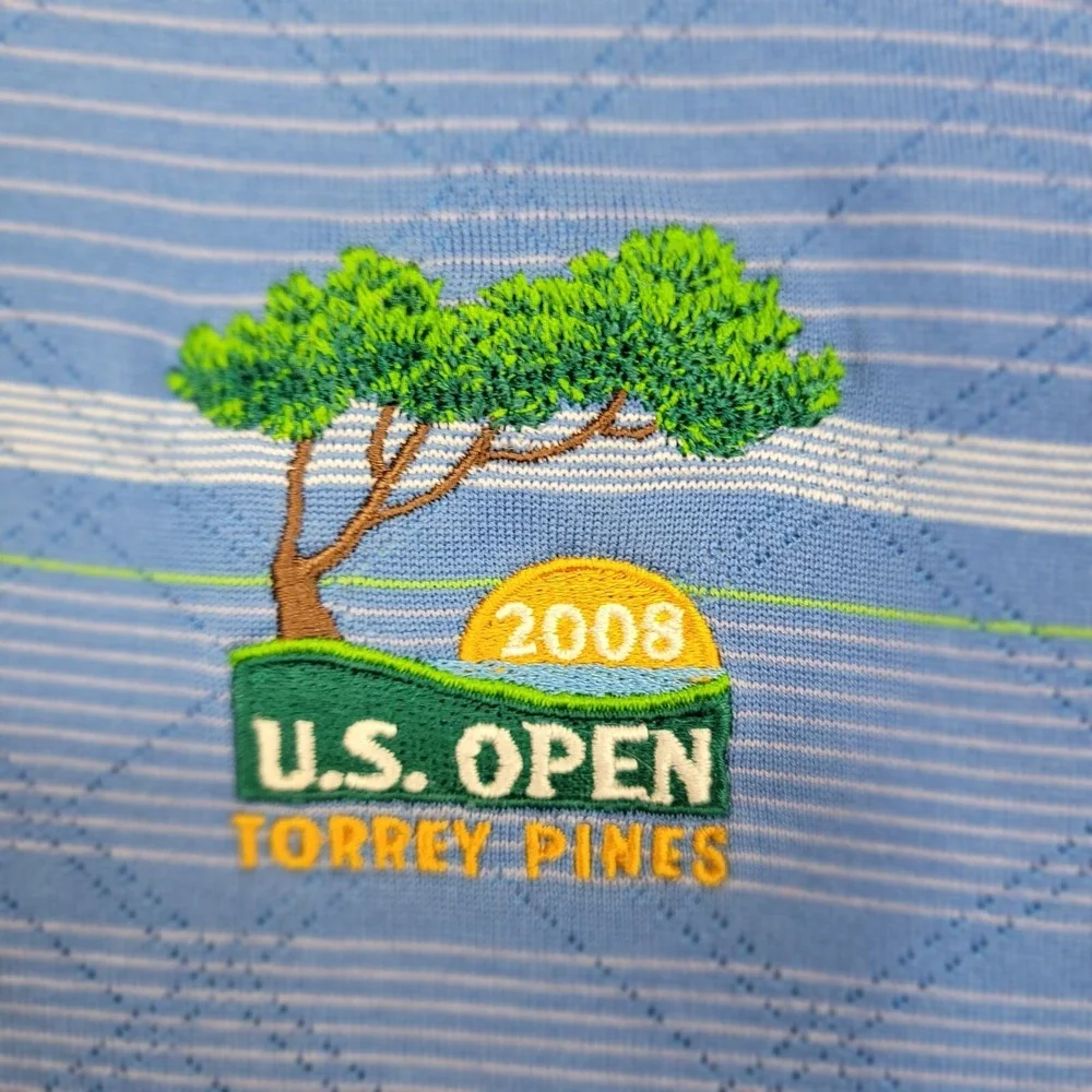Nike Golf Tiger Woods Mens Polo Shirt XL Blue Striped Torey Pines US‎ Open